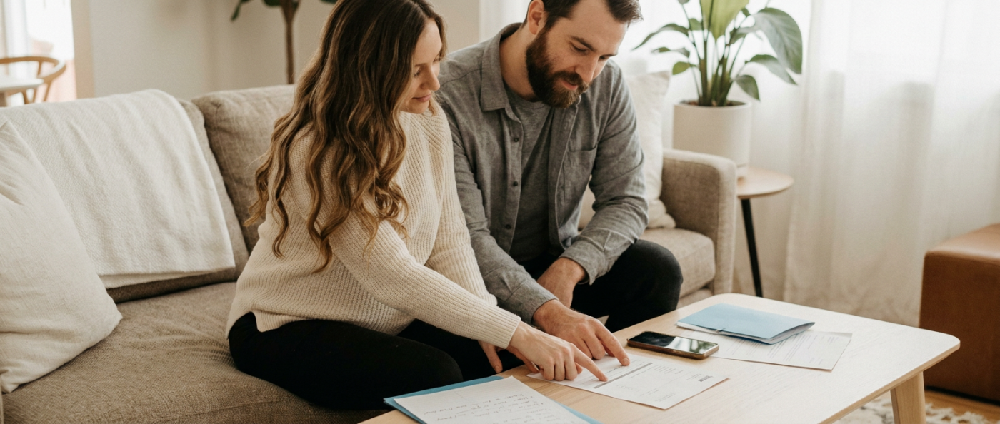Pregnant woman and partner reviewing documents in the living room.