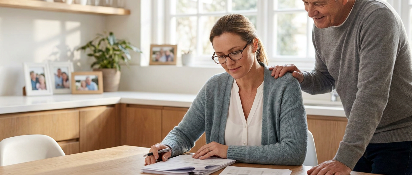 A mother and father reviewing documents at a kitchen table.