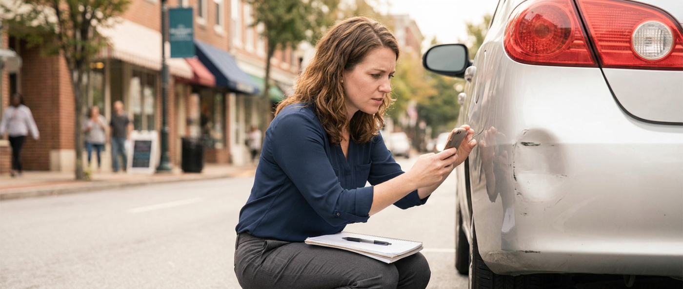 A woman driver documenting a crash.