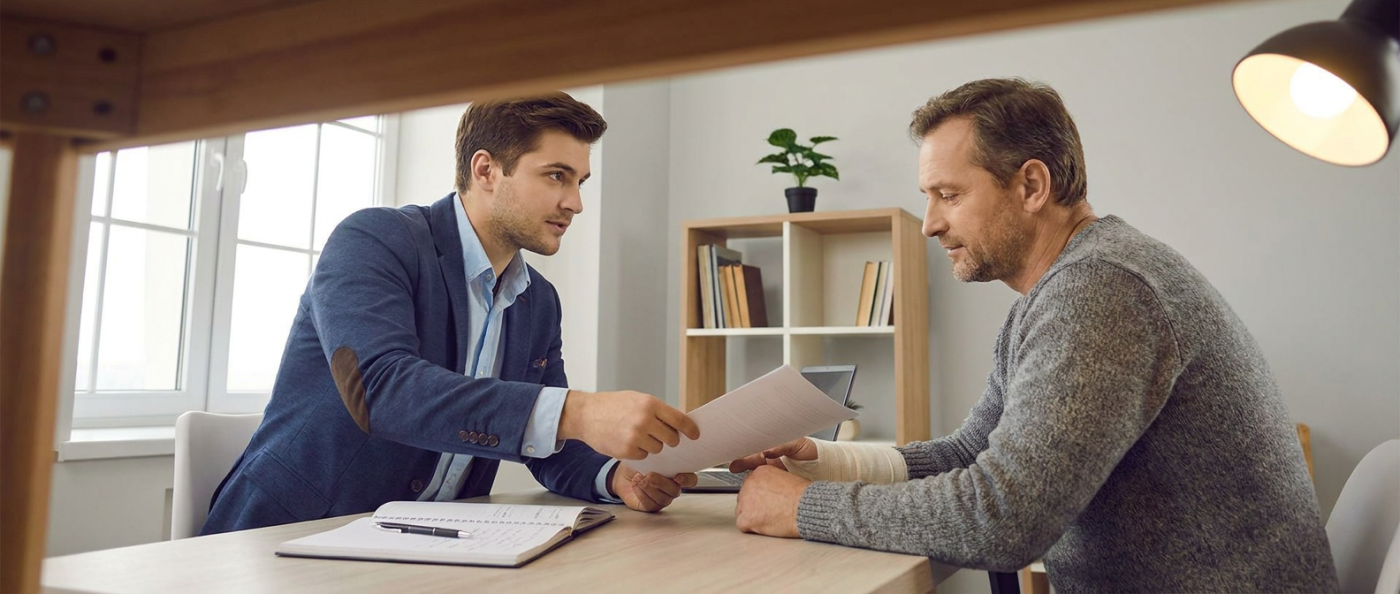 Attorney and client consultation with paperwork in office.