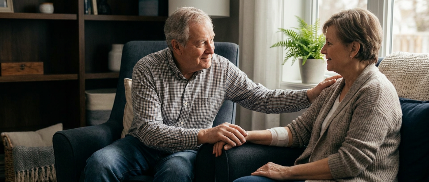 A couple holding hands, offering comfort to each other, in the living room.