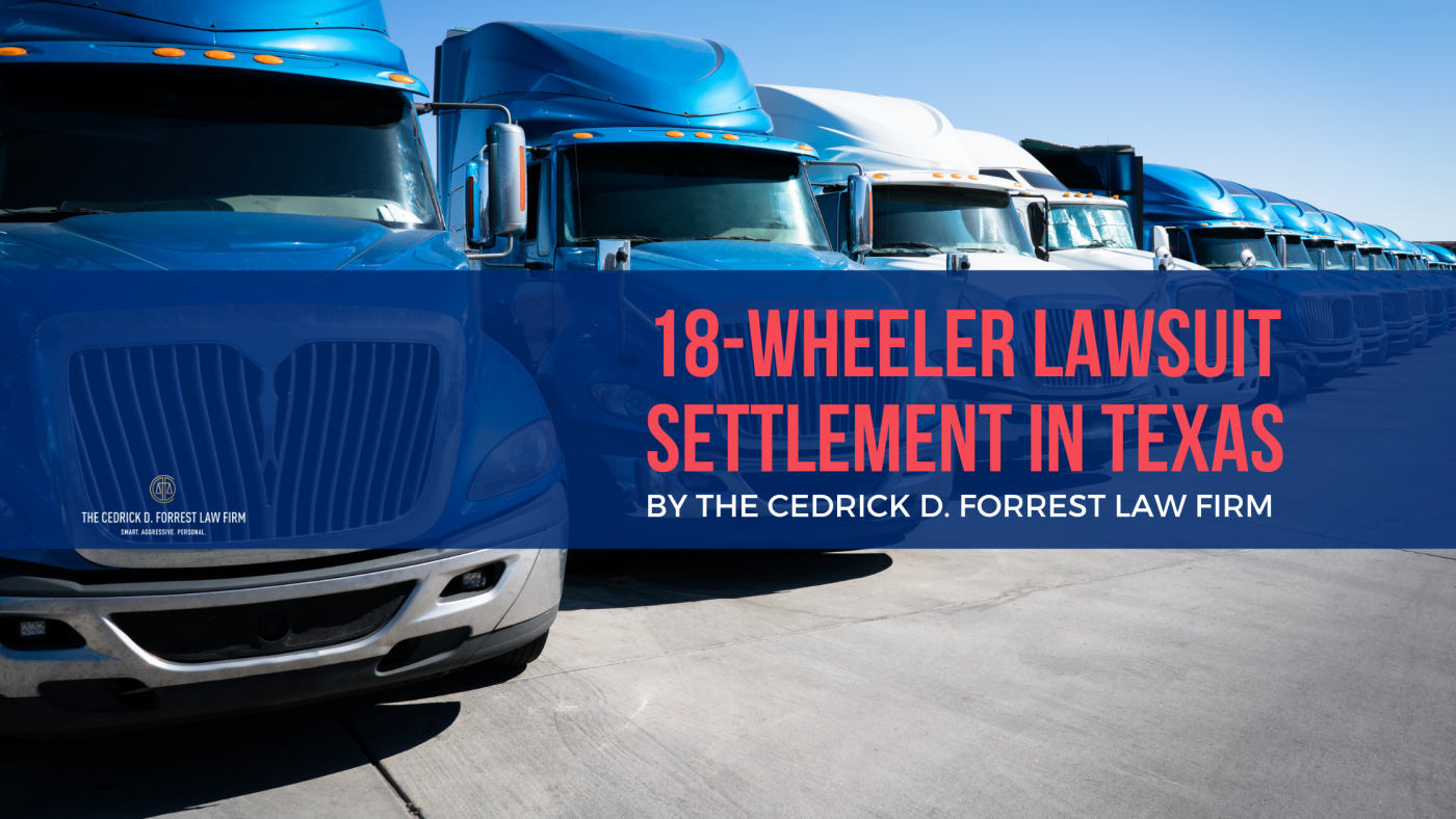 Image of multiple 18-wheeler trucks parked in a truck yard in Texas. The text overlay reads "18-wheeler lawsuit settlement in Texas," indicating a legal settlement related to the trucking industry.