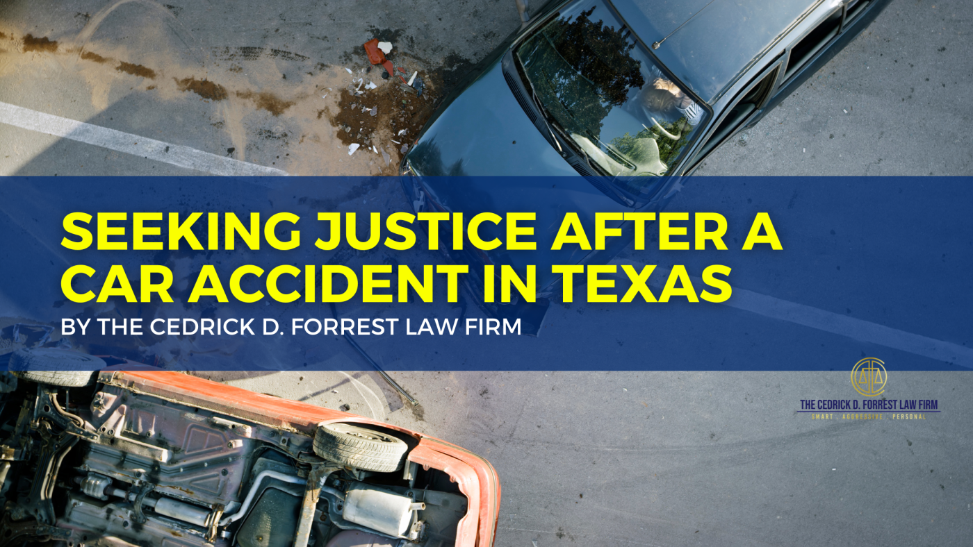 Image of a car accident with two damaged vehicles on a Texas highway. The text overlay reads "Seeking Justice After a Car Accident in Texas".