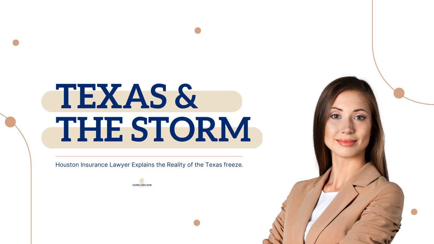 image of a female attorney's headshot" with the text "texas and the storm, Houston insurance lawyer explains the reality of the Texas freeze