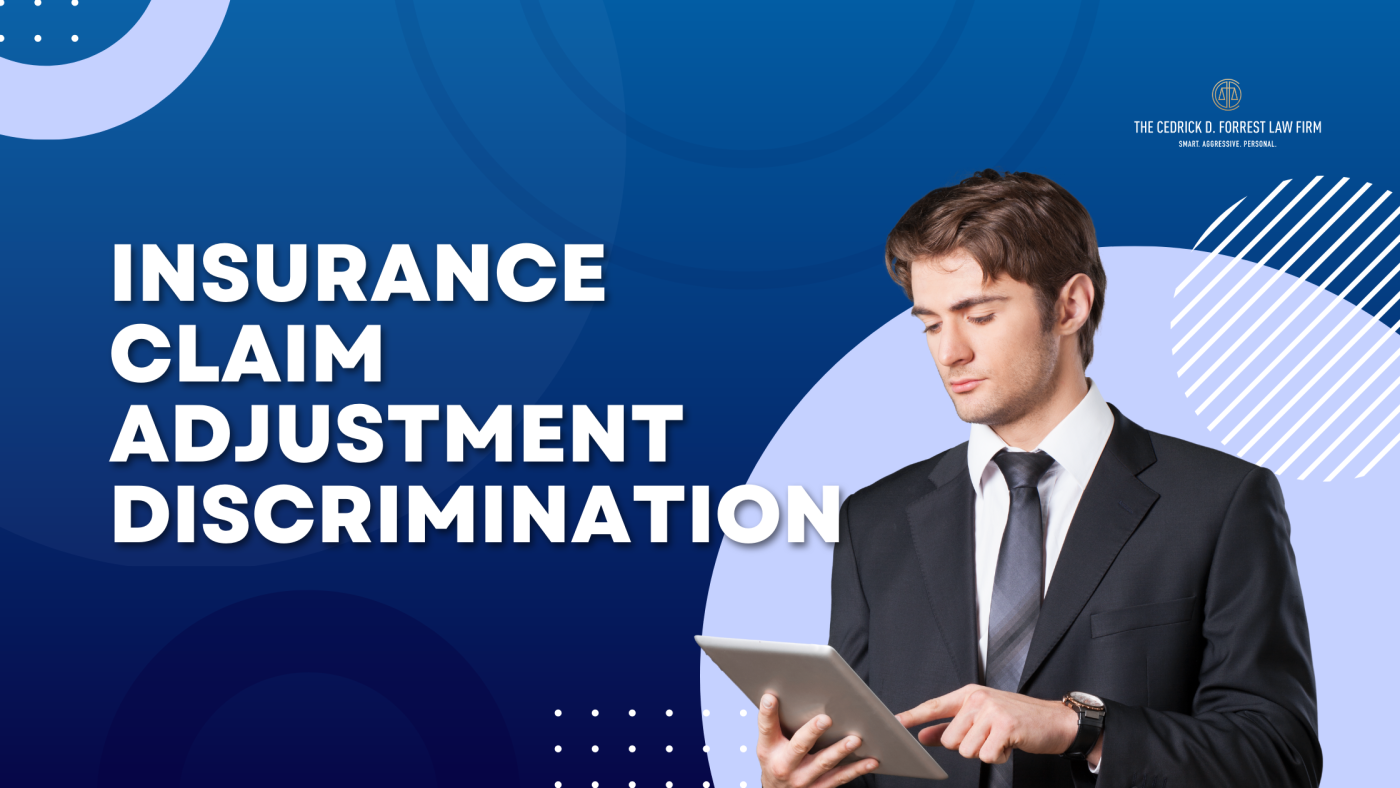 Image of a man holding a laptop with the text "insurance claim adjustment discrimination" overlaid