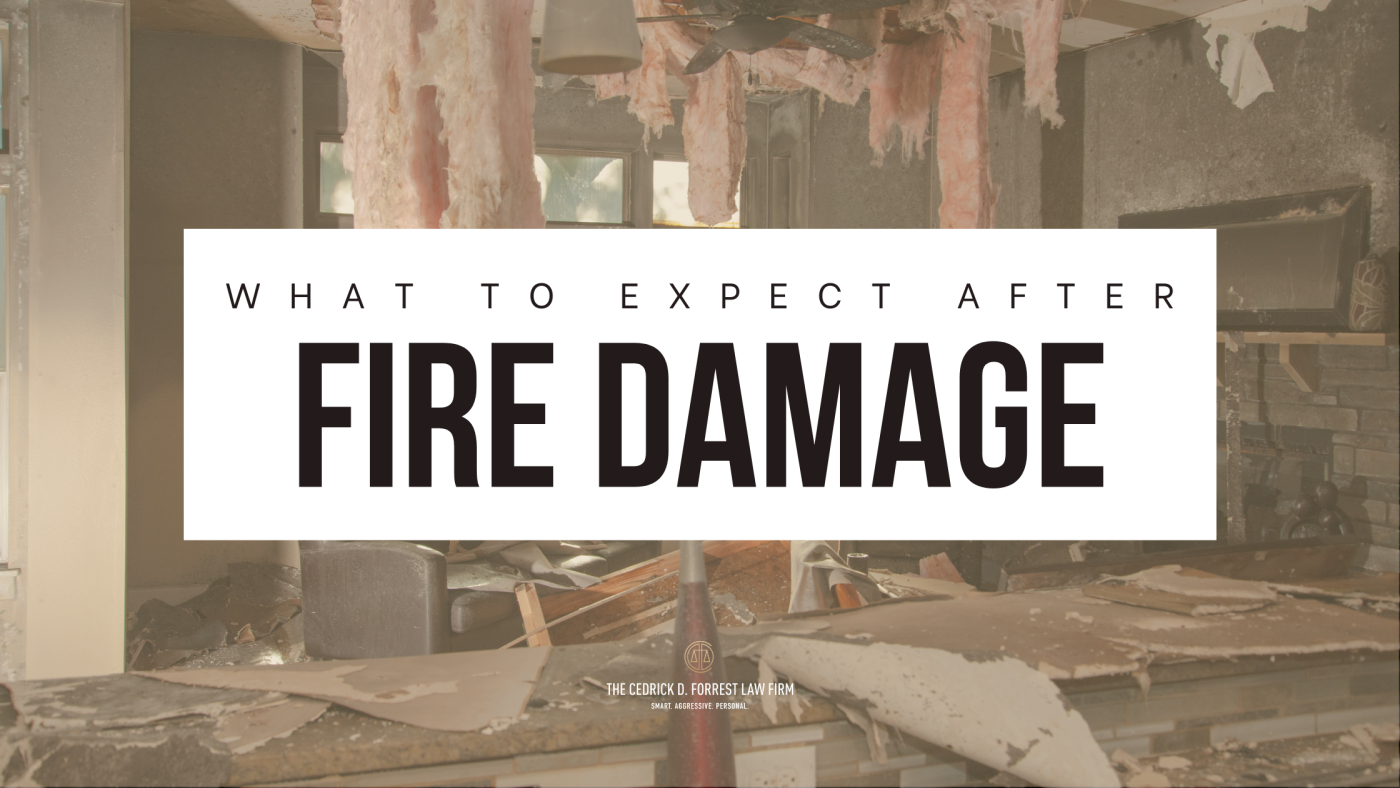 Image of a kitchen destroyed from fire damage, with the text "what to expect after fire damage" overlaid