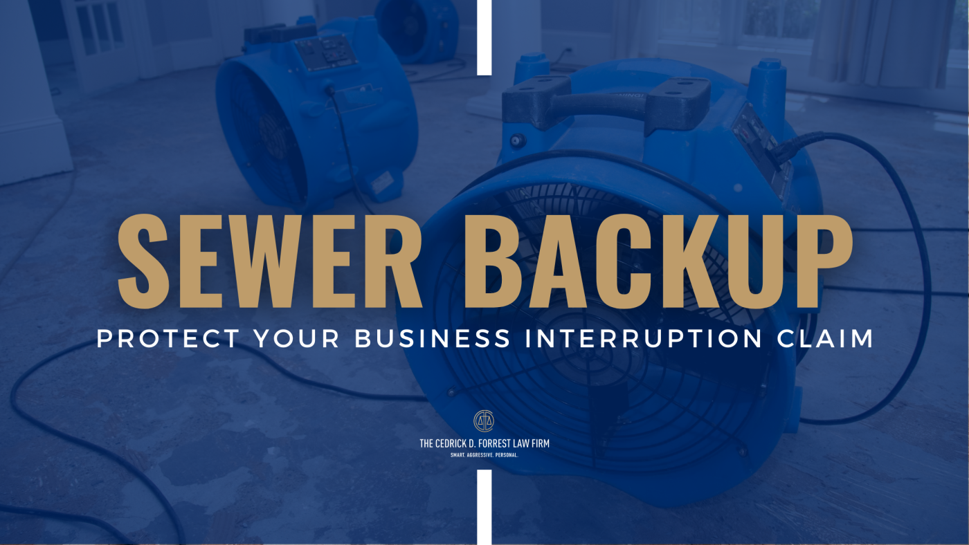 Image of two commercial fans drying the wet floor of a commercial property with the text "sewer back up protect your business interruption claim" overlaid