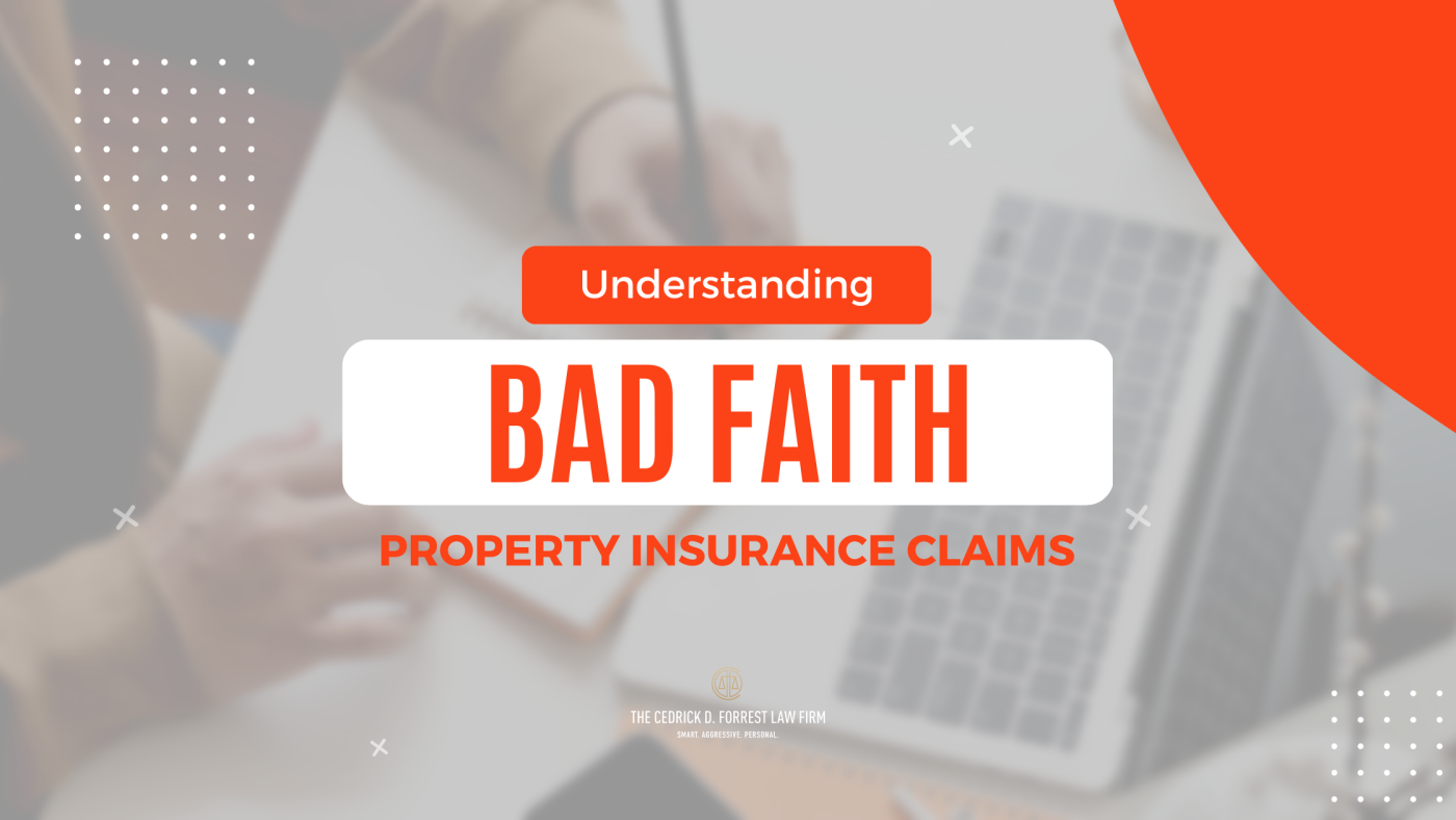 Overhead image of a person sitting at a desk in front of a laptop taking notes with the text "understanding bad faith property insurance claims" overlaid