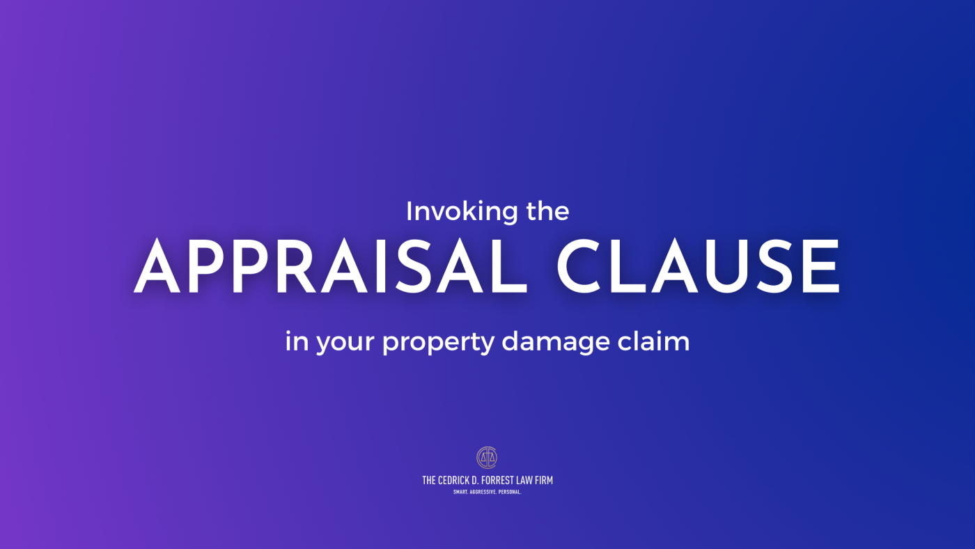 Graphic image with the text "invoking the appraisal clause in your property damage claim" overlaid