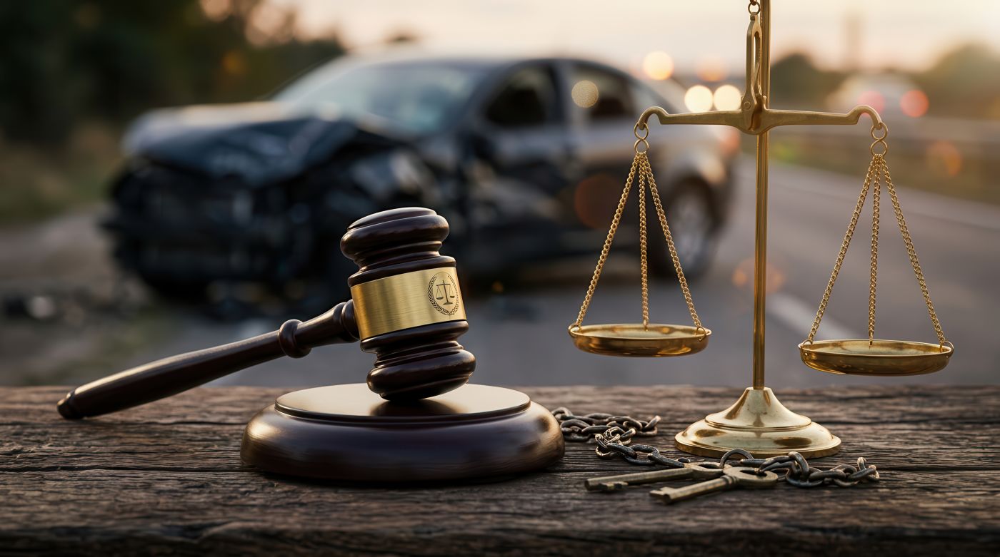 Law and Scale of justice in car accident site