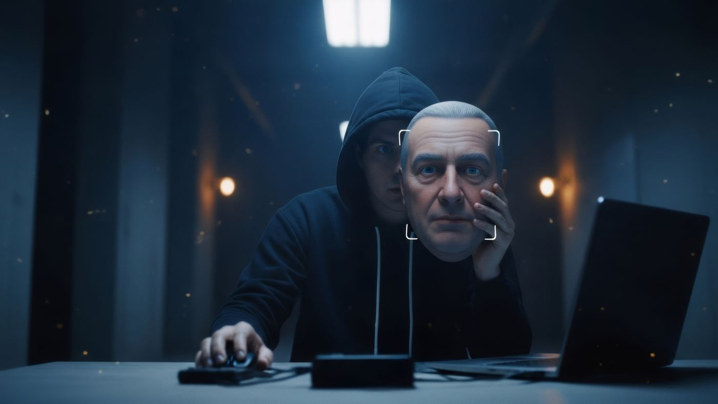 Young man in hoodie holds a mask of an older man's face