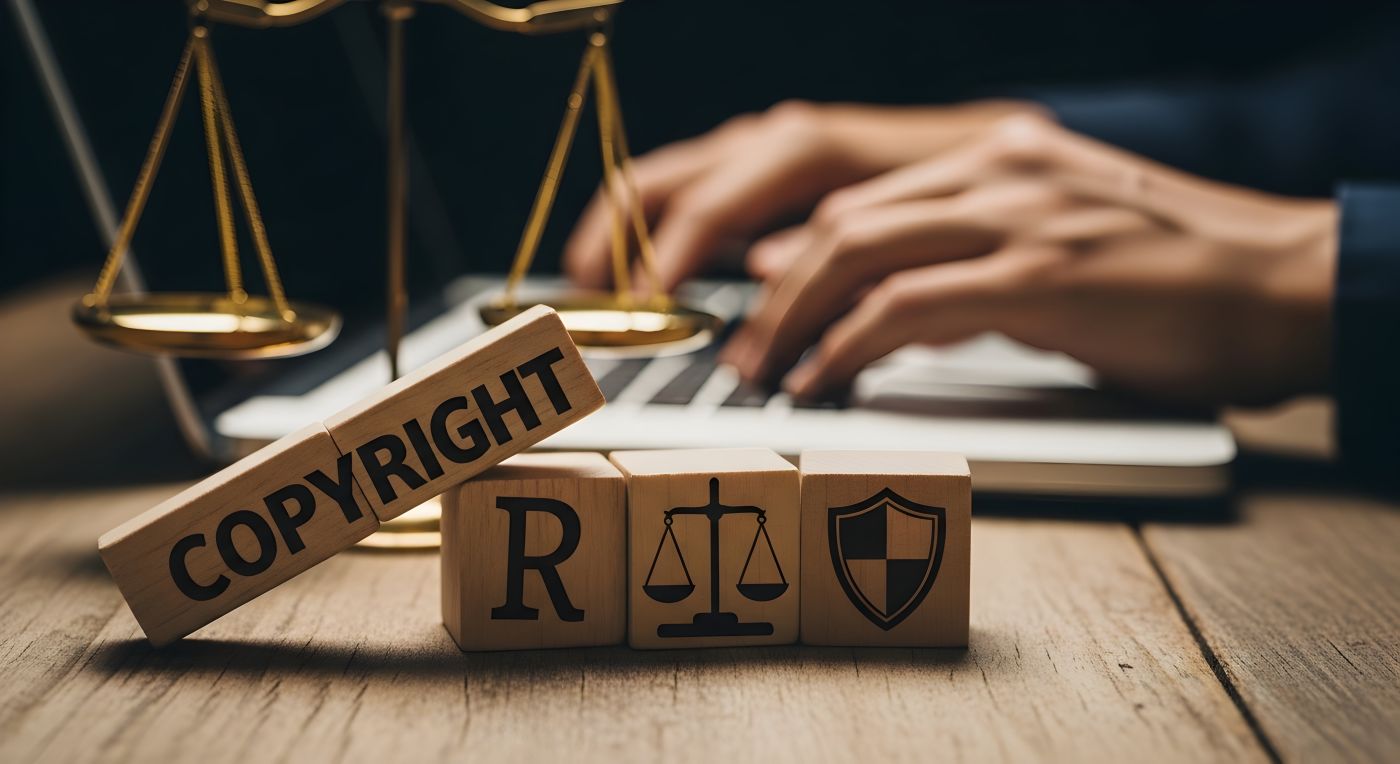 Copyright words on wooden blocks with related icons