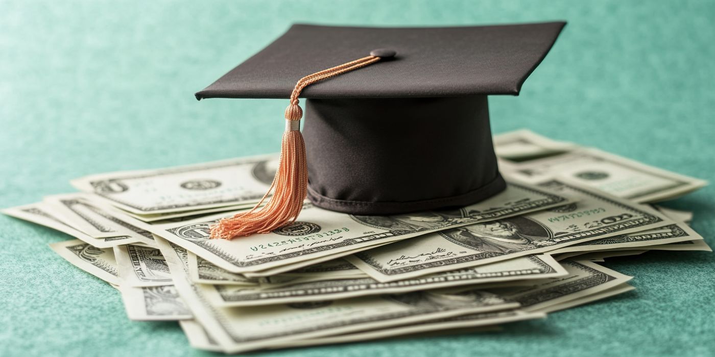 Graduation hat on top of dollar bills