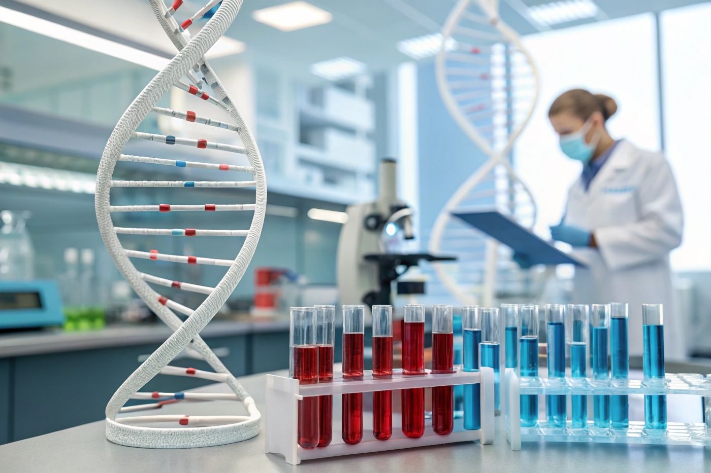 Test tubes surround DNA structure