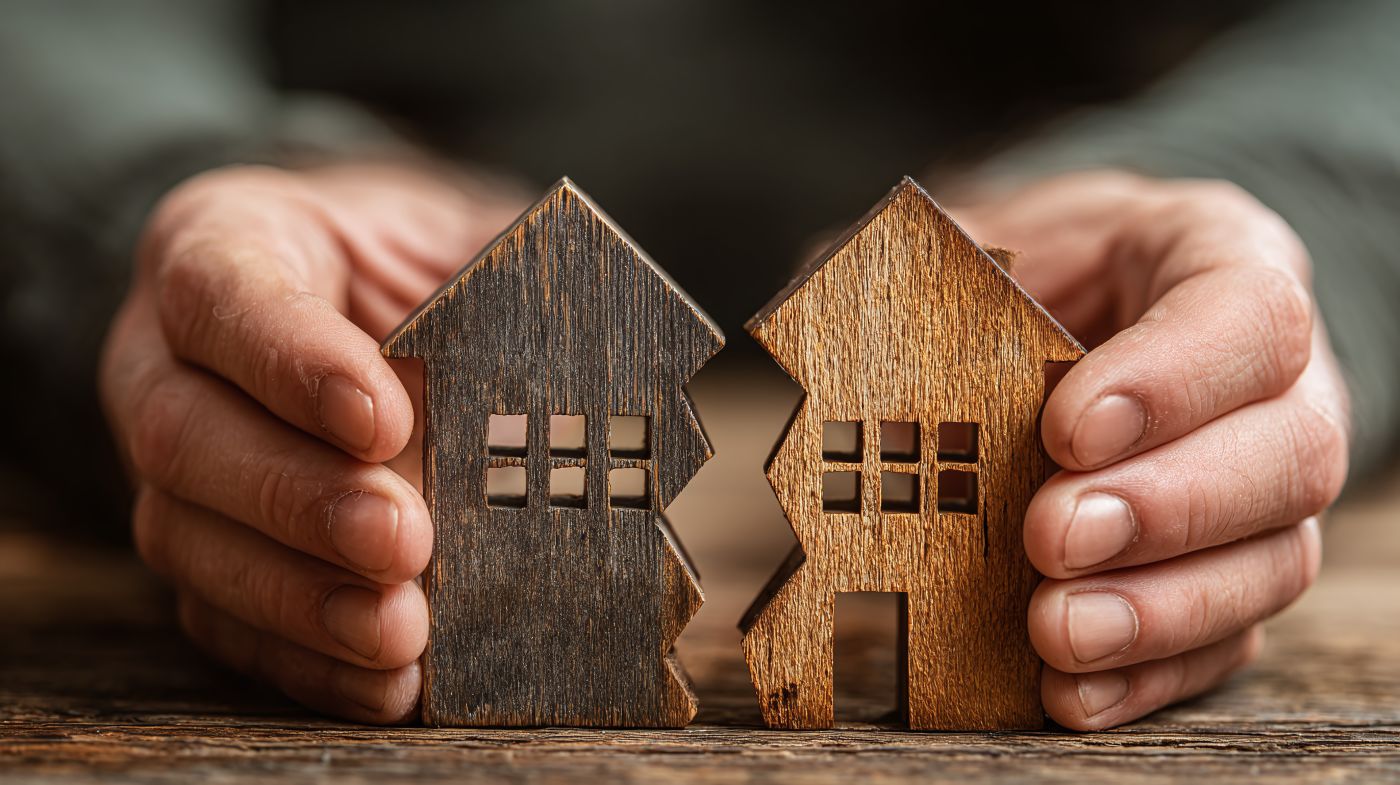 Hands pulling wooden house into two parts