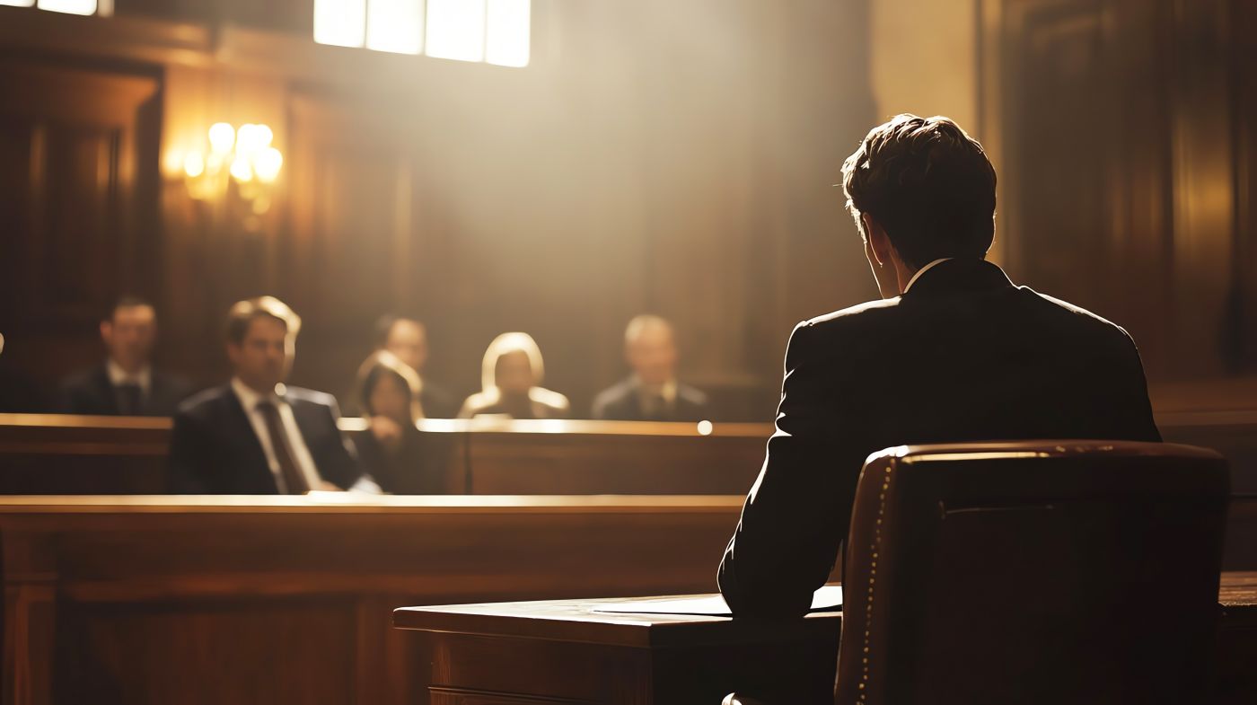 Criminal trial in session with defense attorney providing evidence