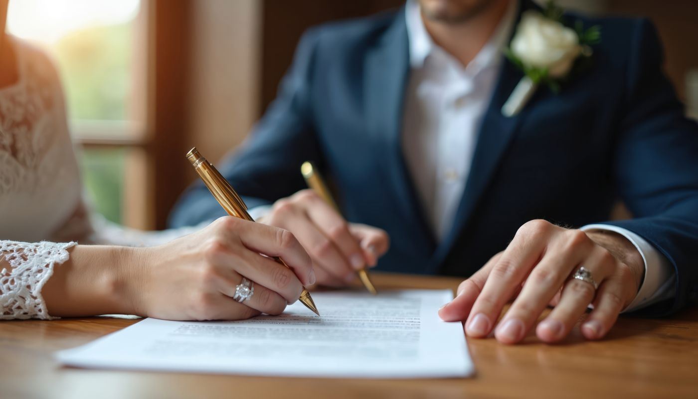 Couples signing prenuptial agreement