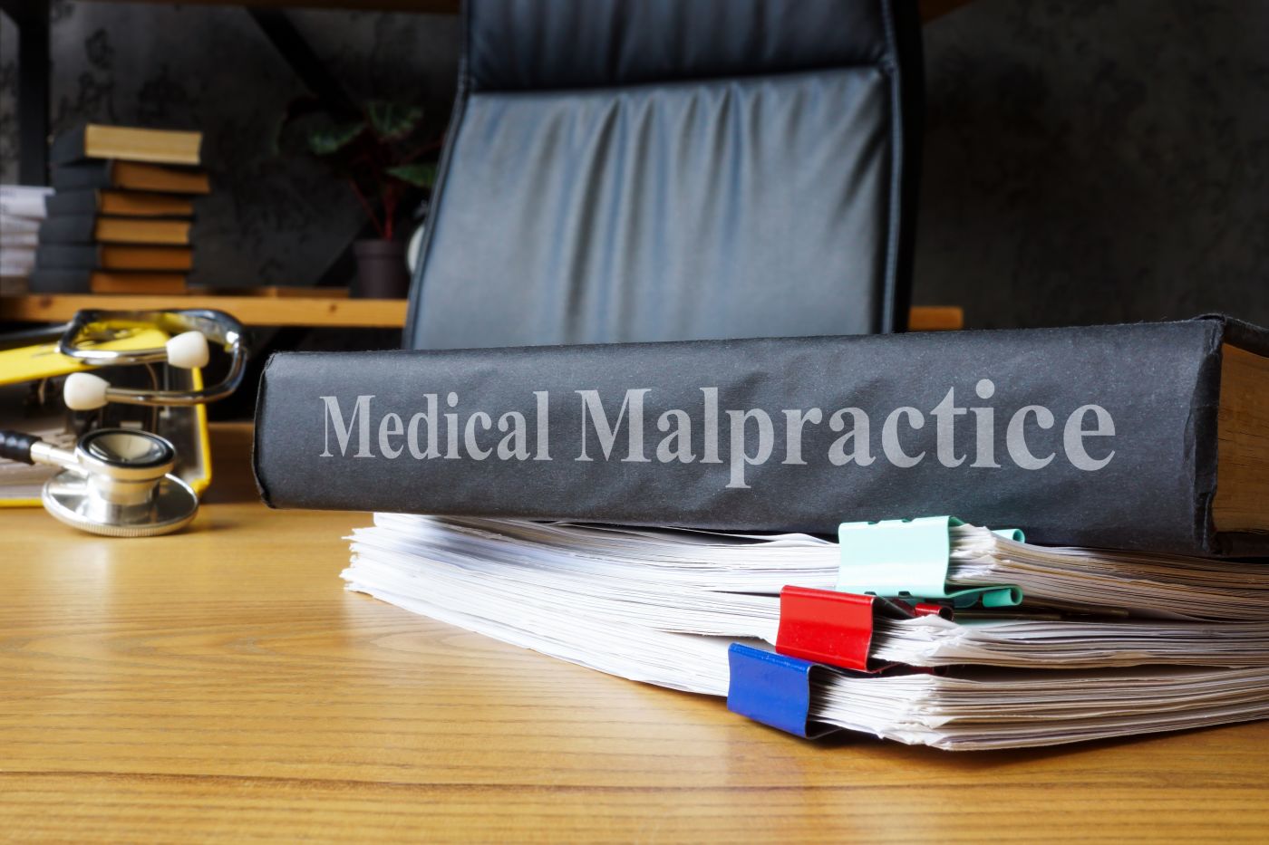 Medical malpractice document with stethoscope in table