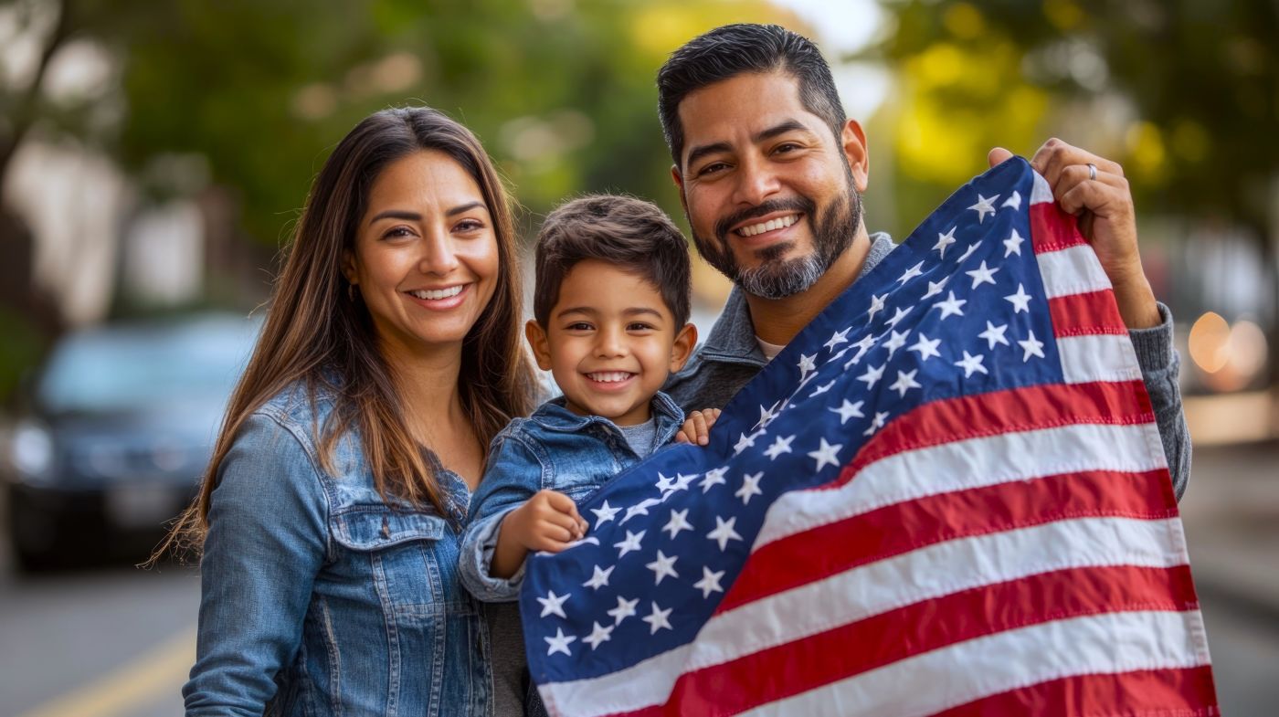 family holding flag of USA