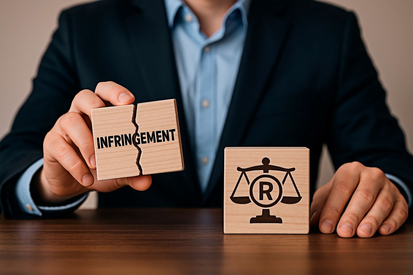 Attorney holding Infringement wooden block on hand