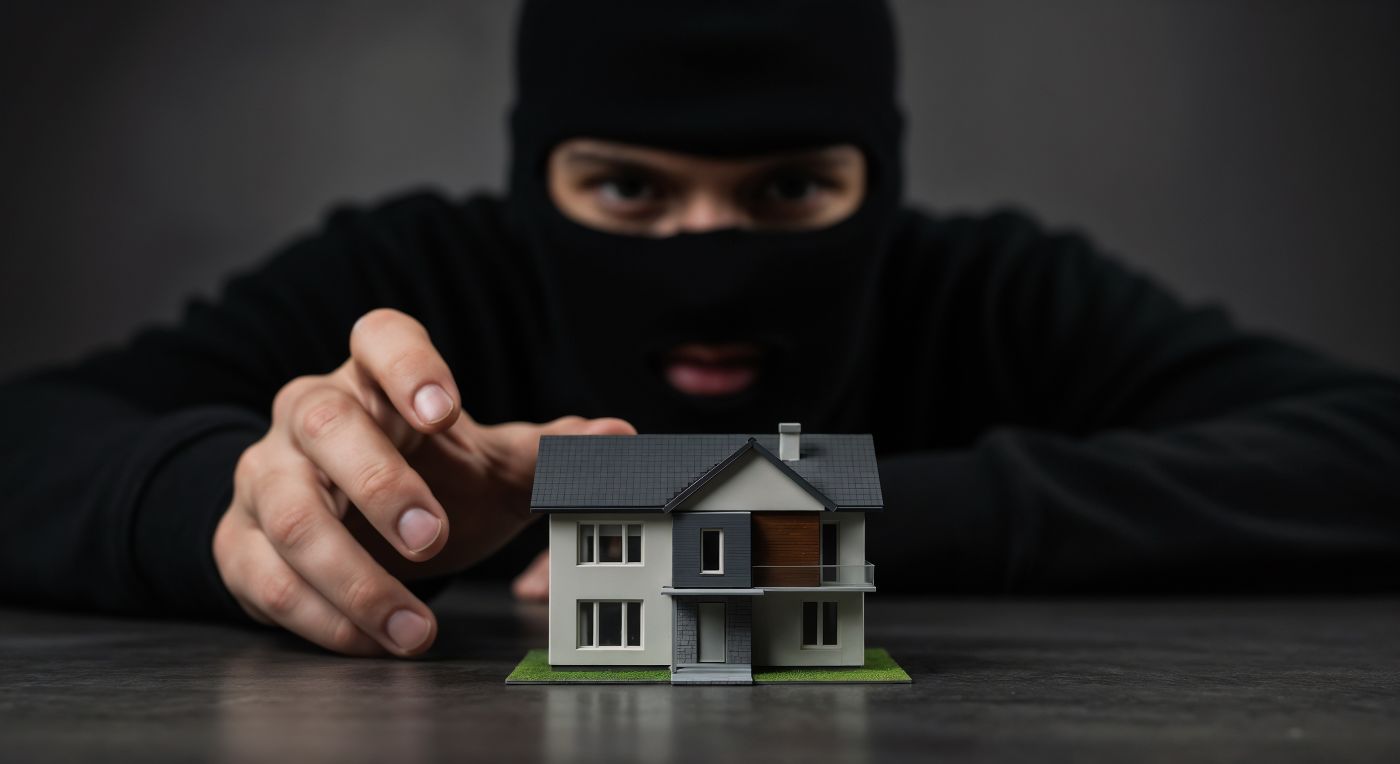Masked man and small house model depicting property crime