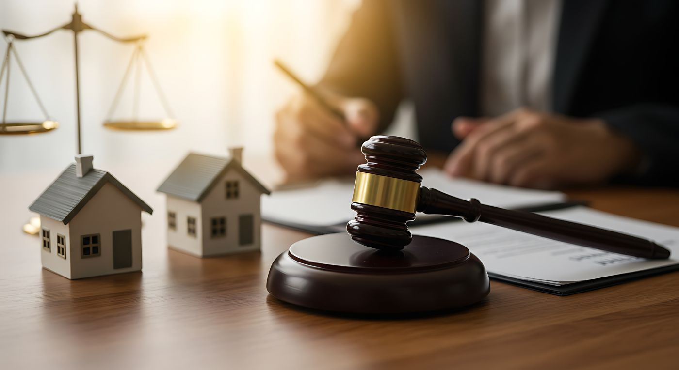 Real estate law concept with miniature houses, gavel, and scales of justice