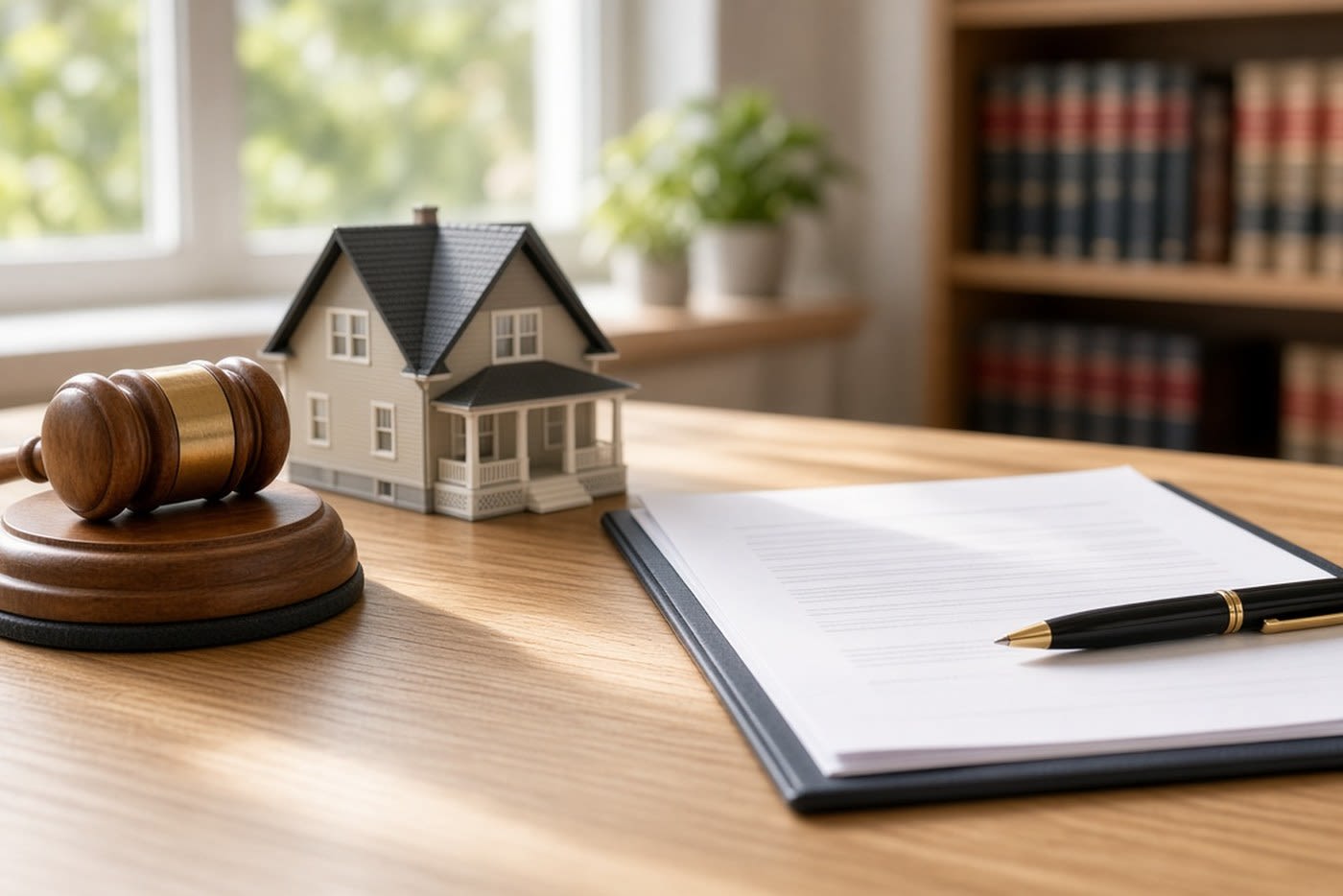 Gavel, model house and signed will on an oak desk, representing claims against an estate in Ontario