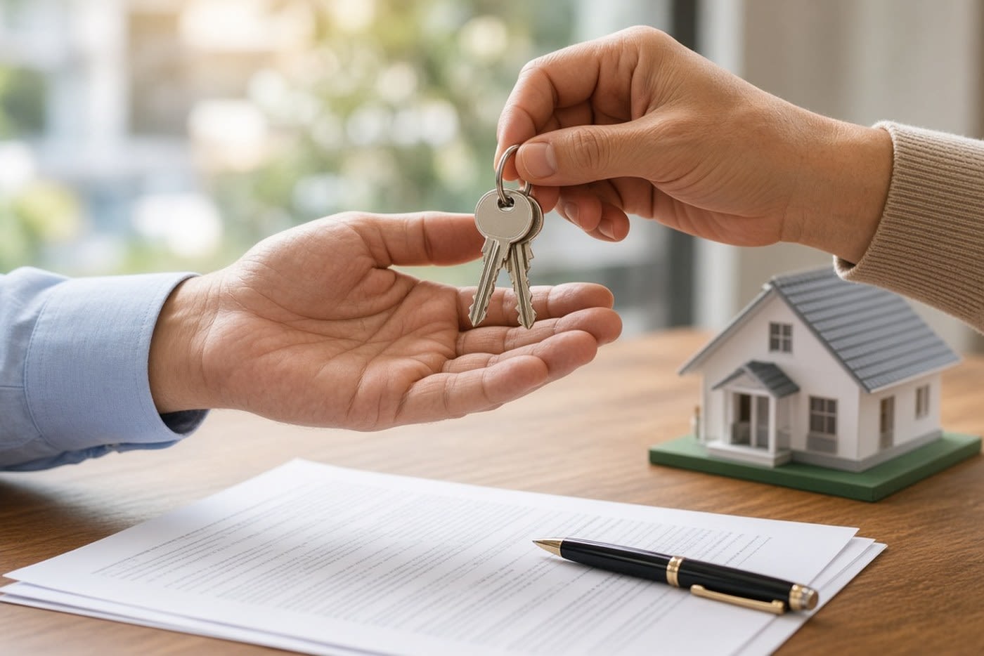 House keys handed over above closing documents and a model home, illustrating the Ottawa real estate closing process