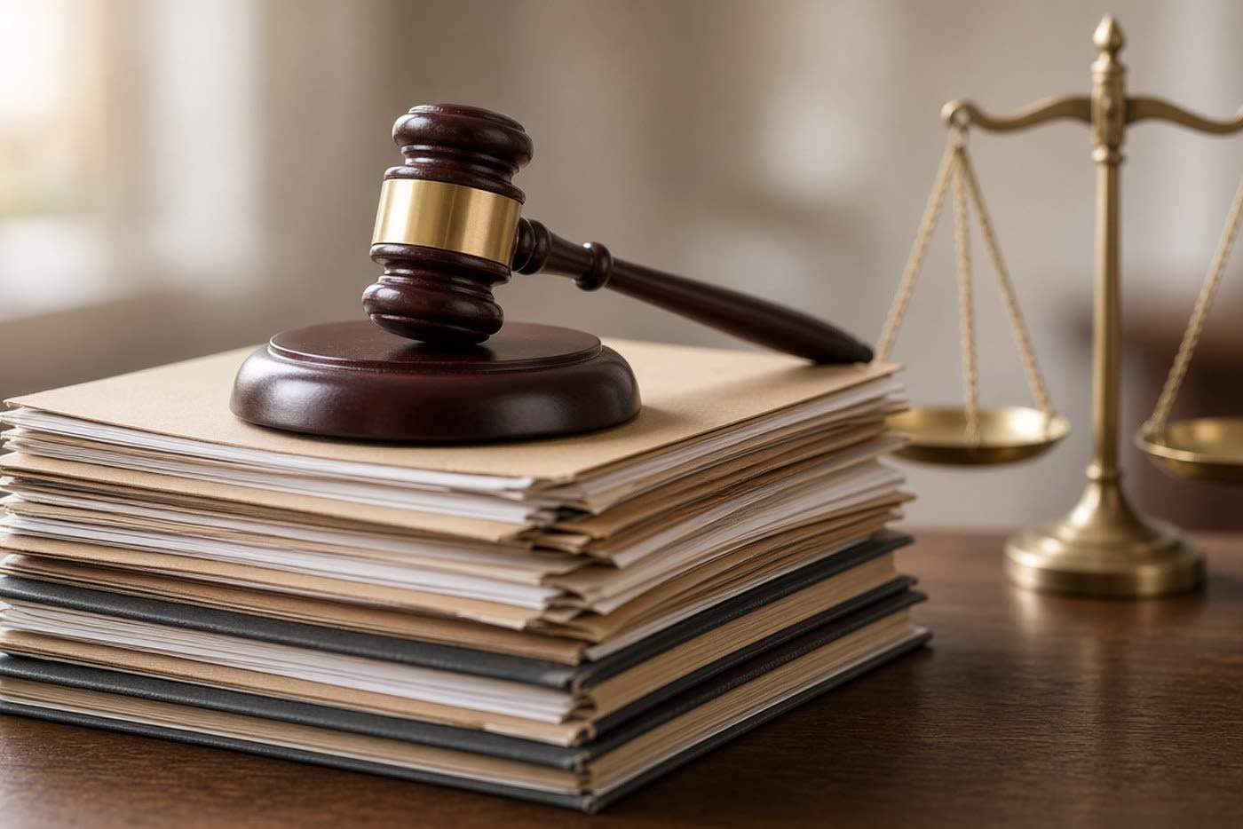 Gavel on a stack of case files beside scales of justice, illustrating the Ontario litigation process