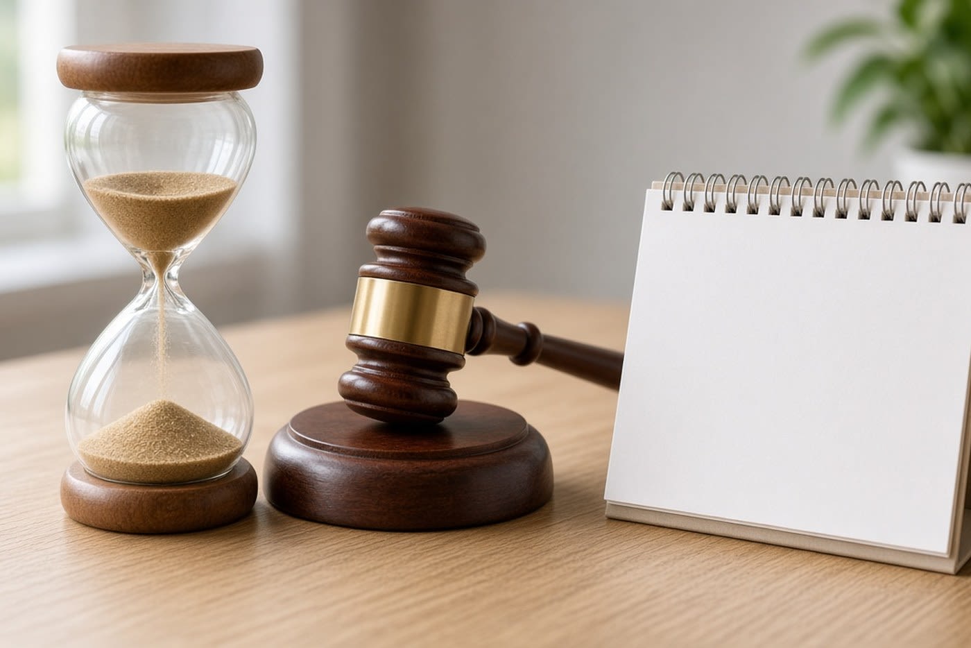 Hourglass, gavel and desk calendar, illustrating how long a civil lawsuit takes in Ottawa