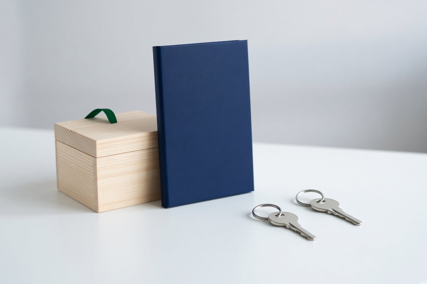 Wooden keepsake box set apart from two separate key rings, divided by a navy folder