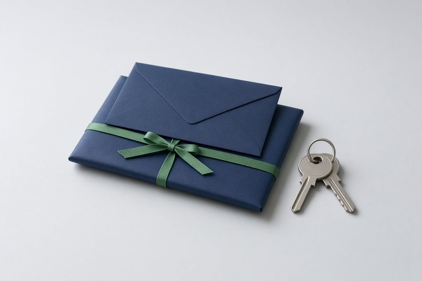 A sealed envelope on a navy folder tied with a green ribbon, beside two house keys