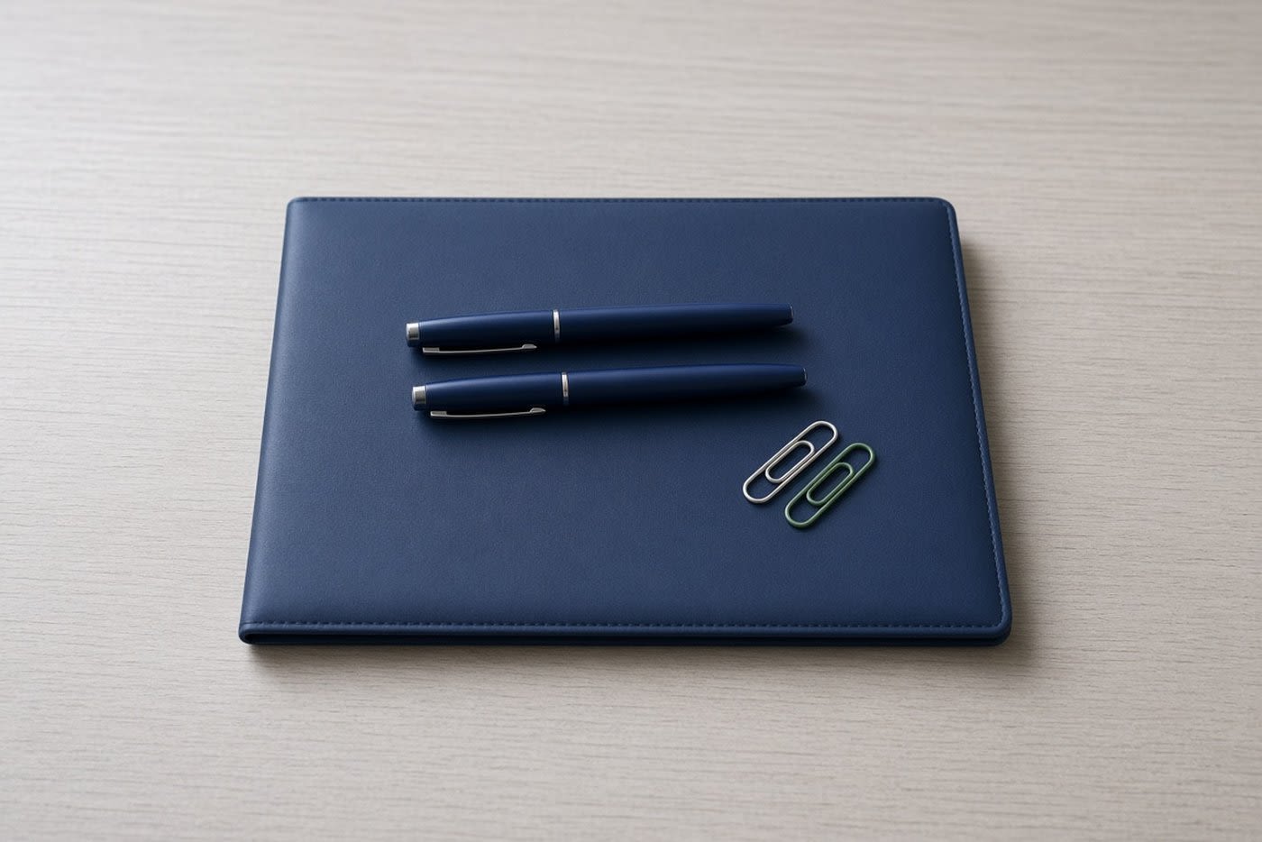 Two matching navy pens with silver clips lying side by side on a closed navy folder, with two linked paper clips beside them, one silver and one green