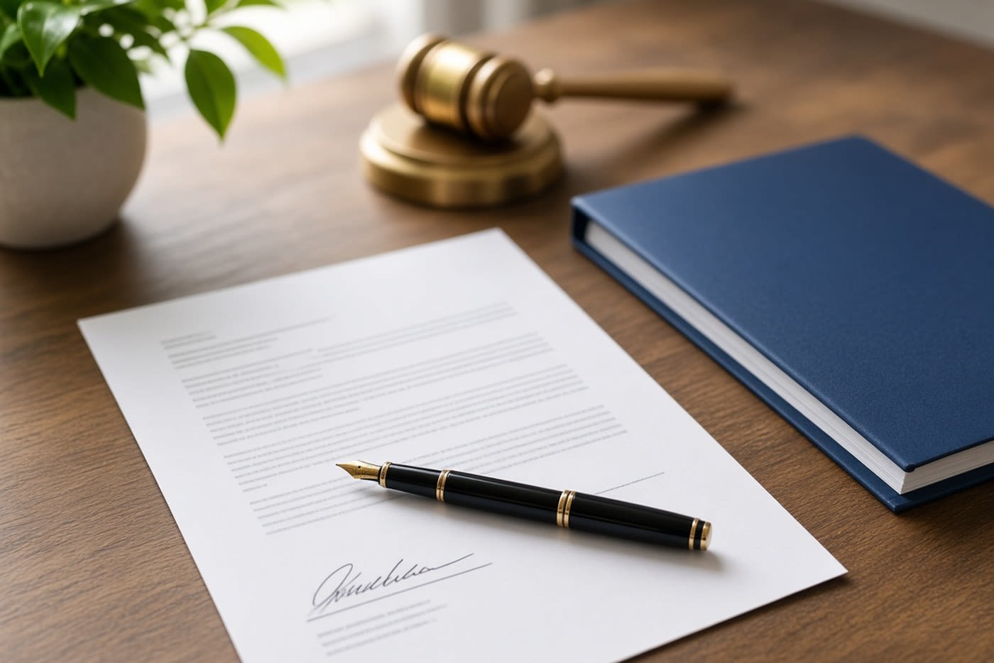 Signed agreement and fountain pen on a wooden desk beside a blue legal binder and a brass gavel
