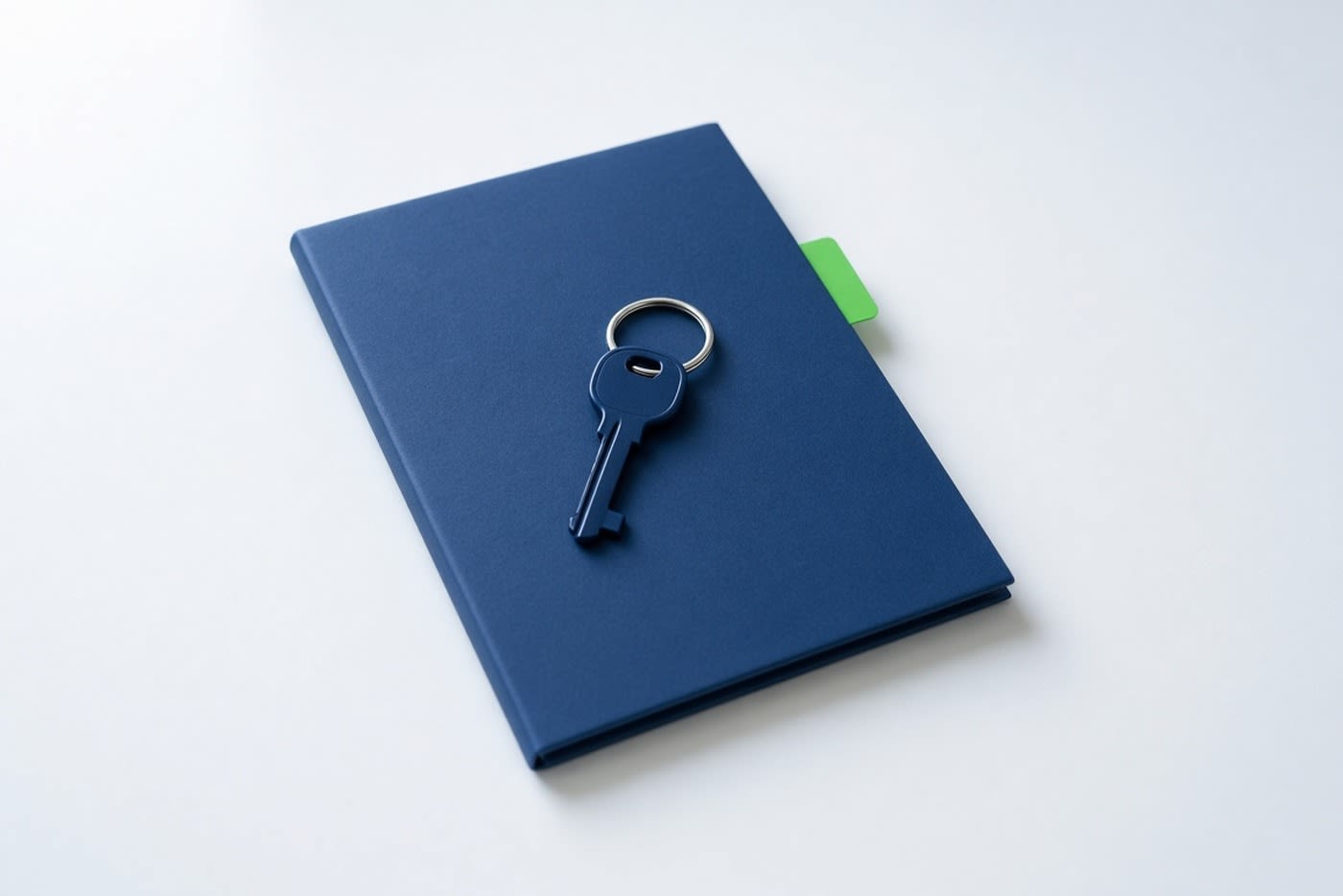 Navy key on a ring lying on a closed navy folder with a small green tab