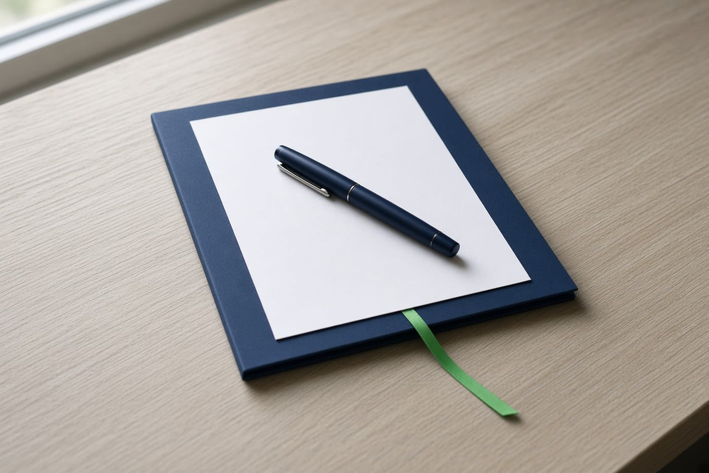 Blank sheet on a navy folder with a navy pen and a green ribbon