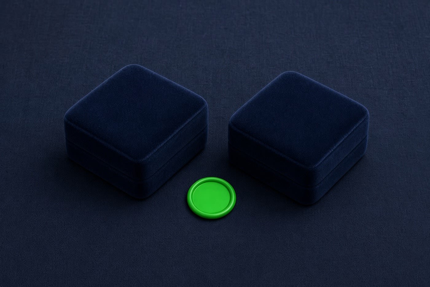 Two closed navy ring boxes with a green seal between them