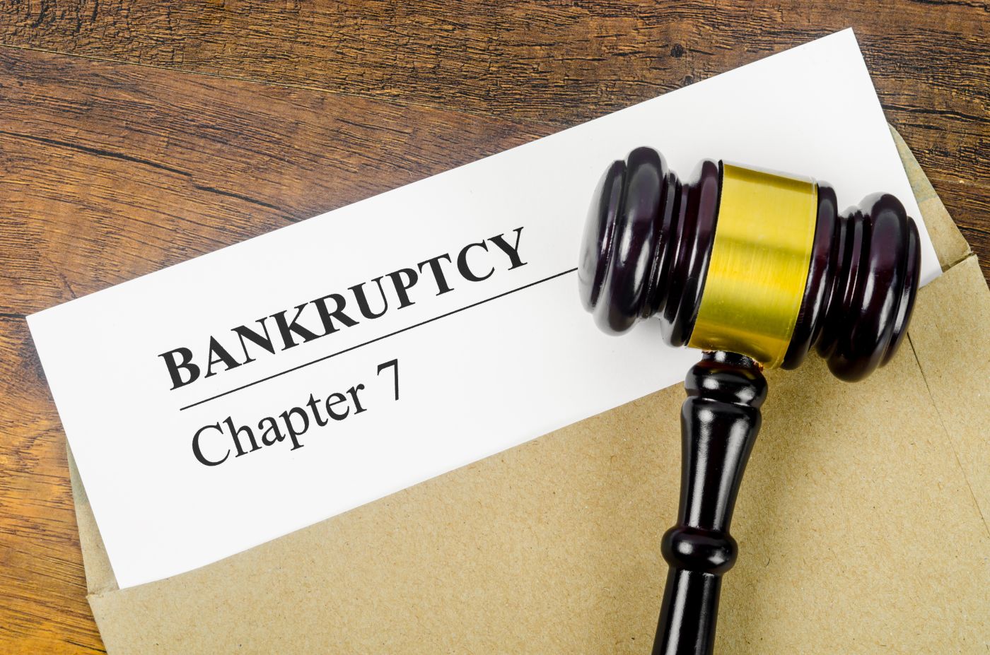 Bankruptcy Chapter 7 text on Document and Gavel on table