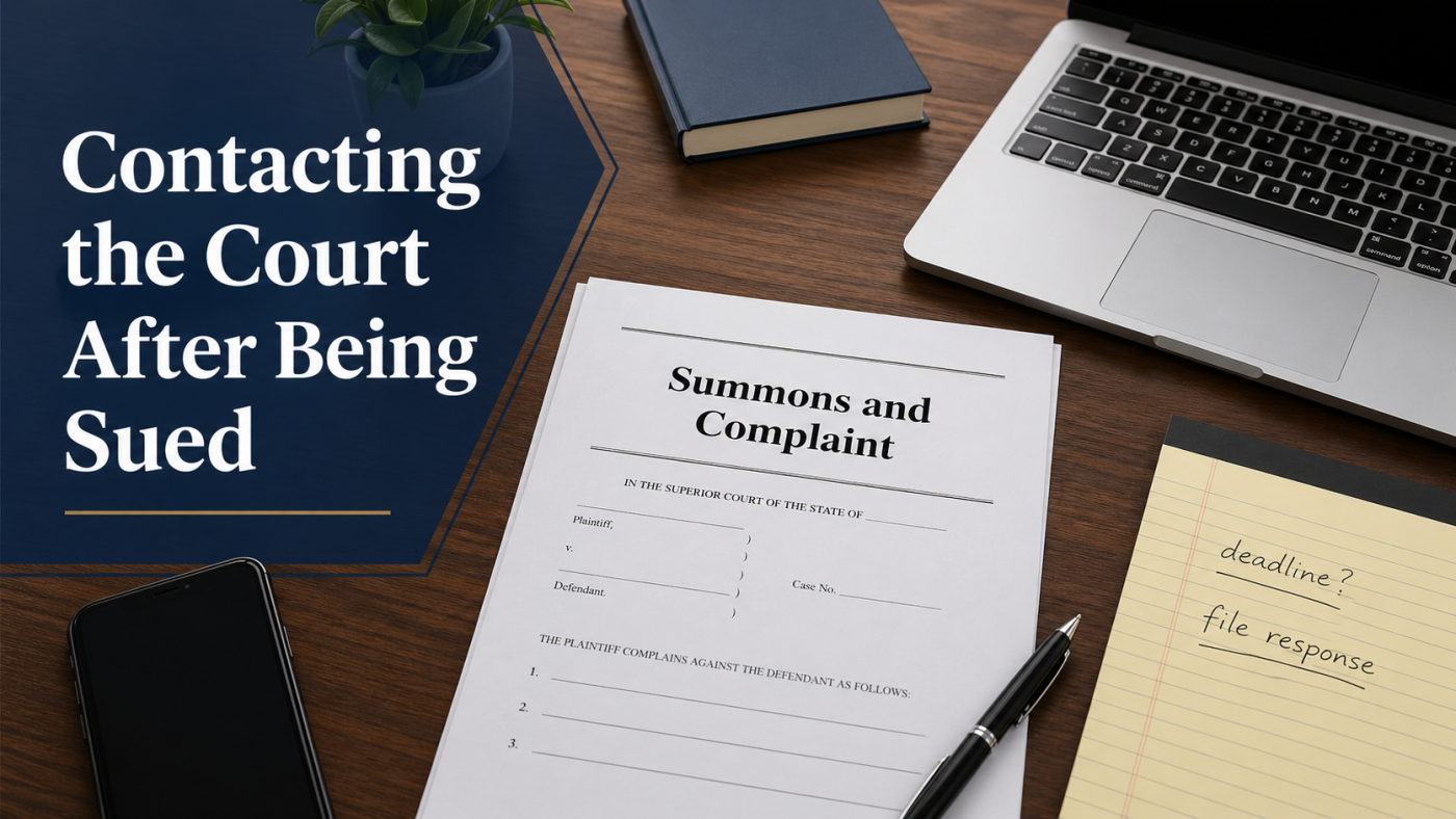 Summons and complaint on a business owner’s desk with the text “Contacting the Court After Being Sued.”