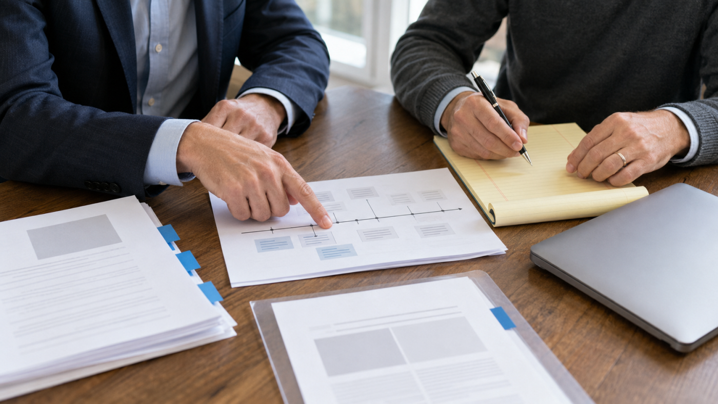 Business owner and attorney reviewing a case timeline while preparing for a New Jersey civil trial