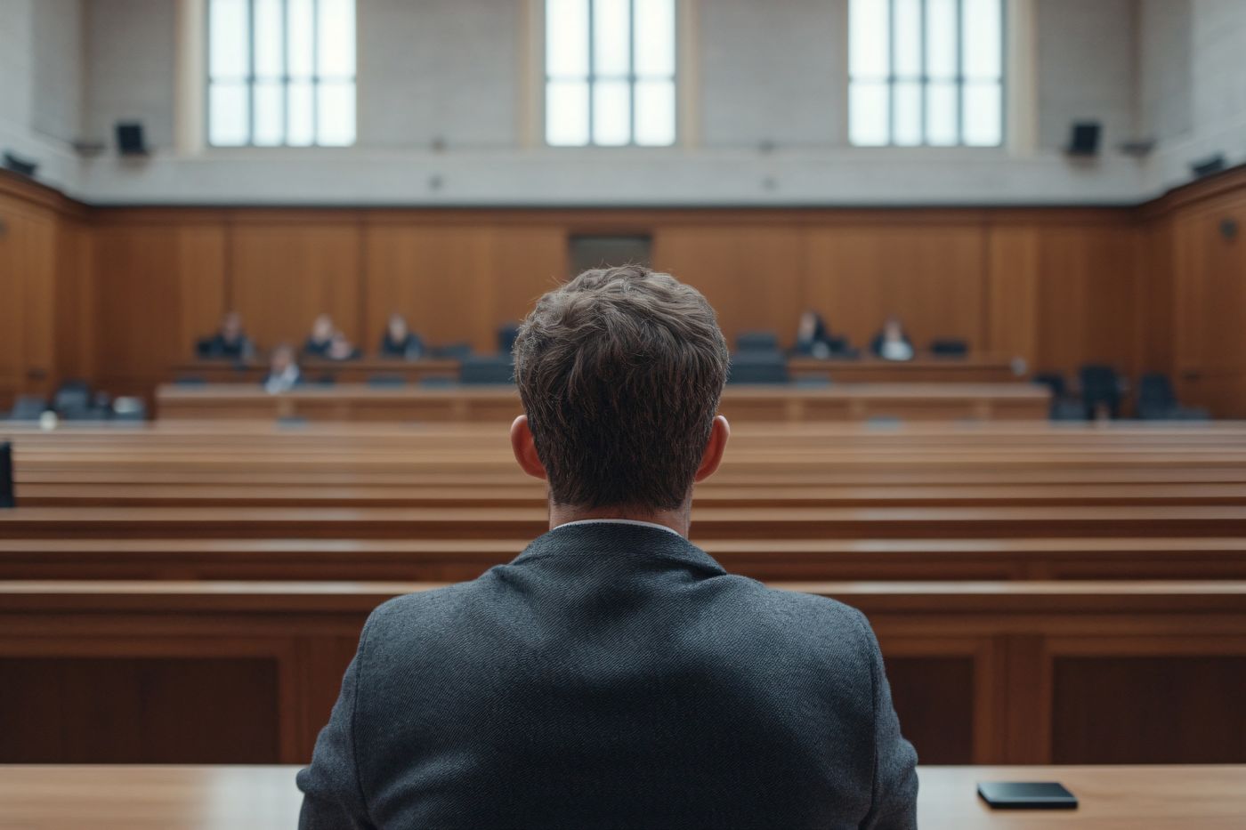 Business owner seated at counsel table facing the court during a civil trial