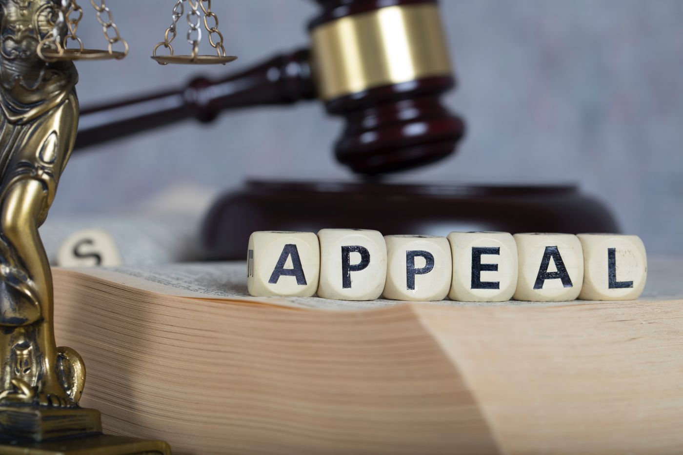 Wooden blocks spelling “APPEAL” on an open law book, with a gavel and brass scales of justice in the background, representing a New Jersey civil appeal after a business loses at trial.