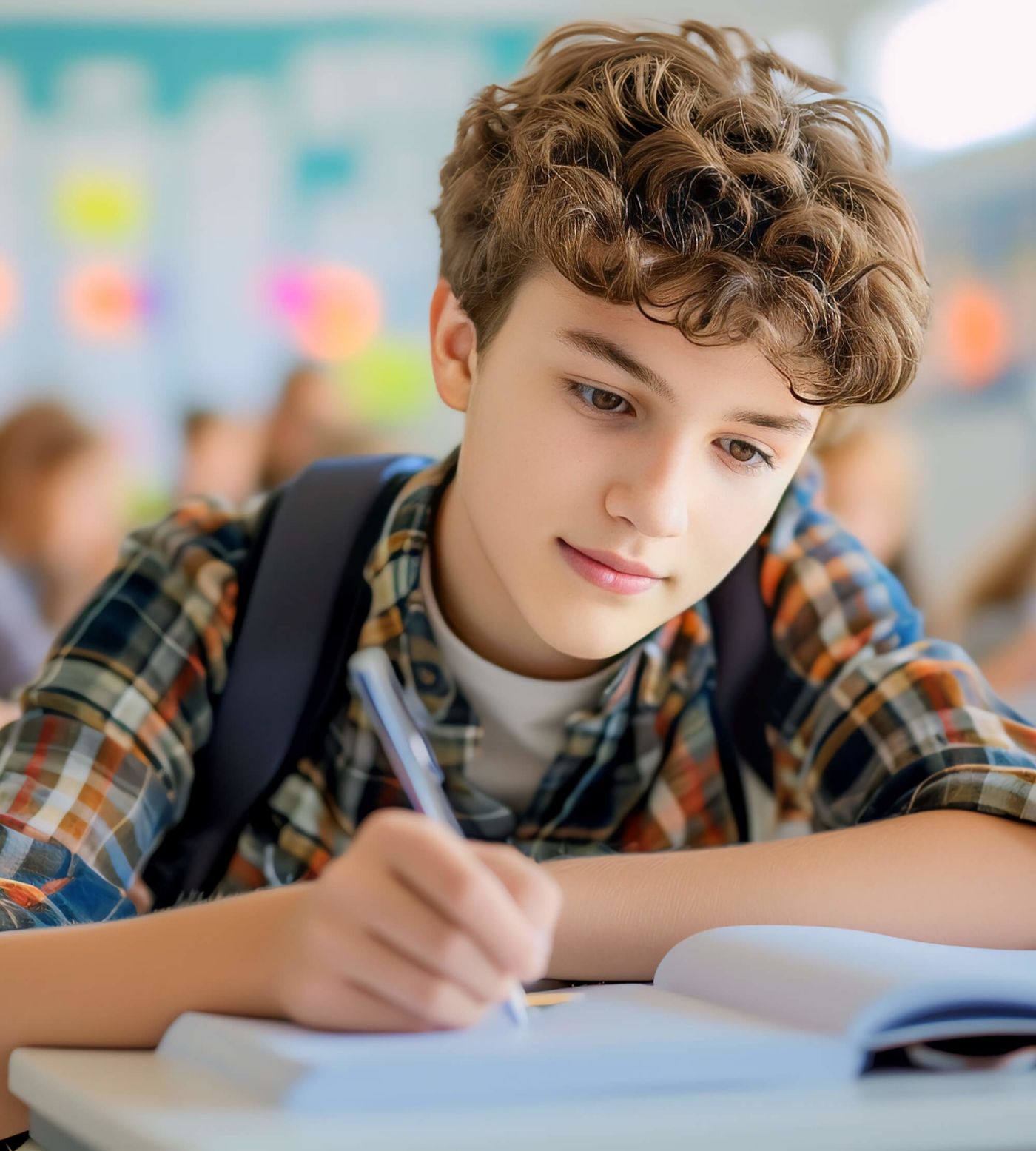 caucasian boy is studying and doing assignments in school class