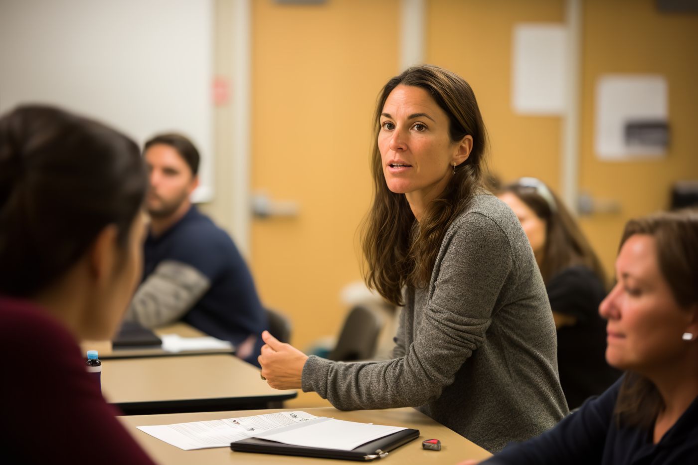 A parent and teacher are sitting across a desk during a serious discussion