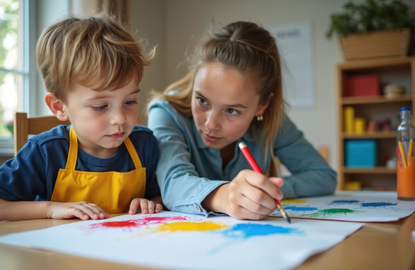 Young female teacher helps boy with Down syndrome to color