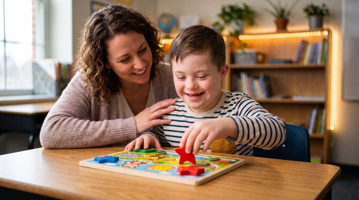 Special needs student playing with wooden puzzle