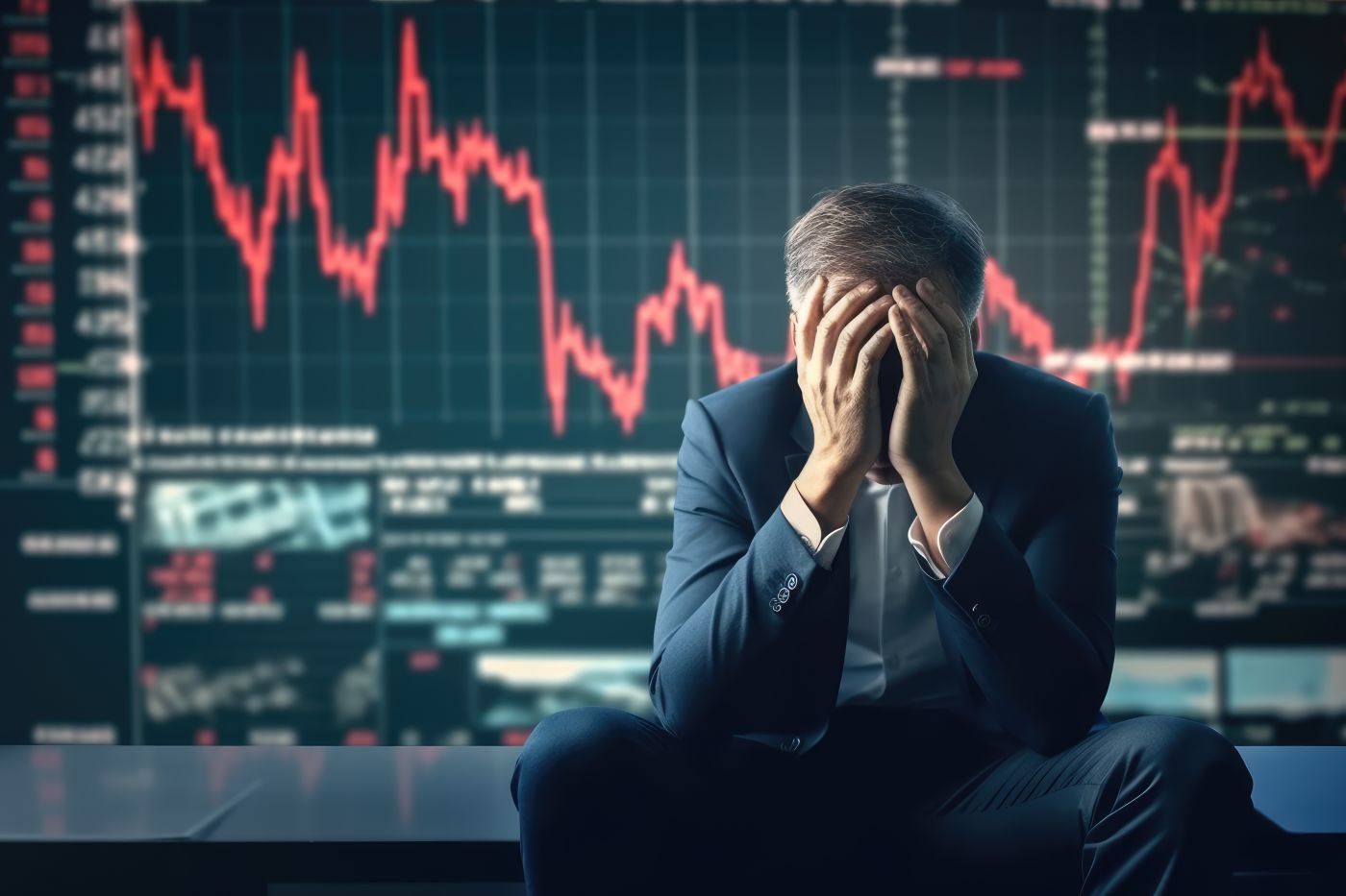 Stressed businessman with declining portfolio in background