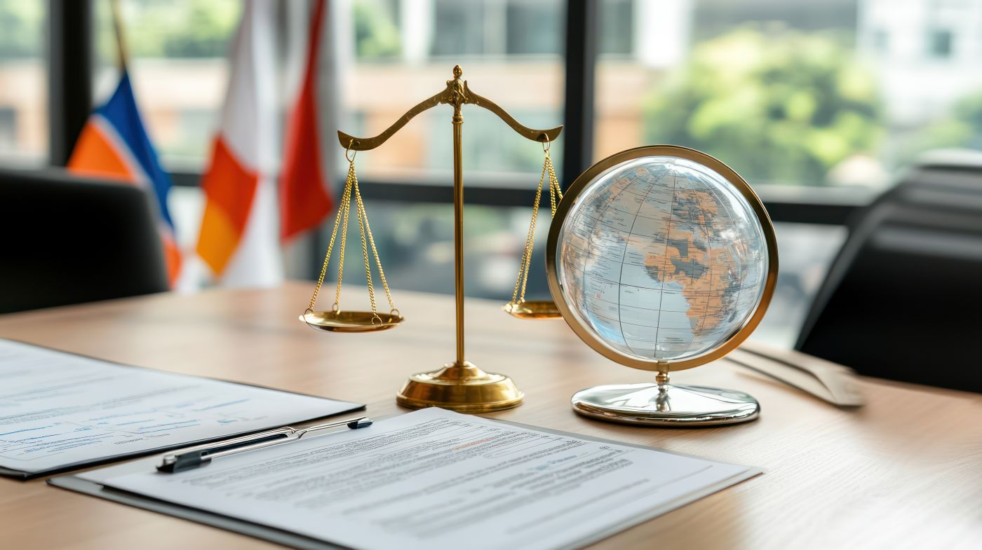 Globe and Scale of Justice with documents in table