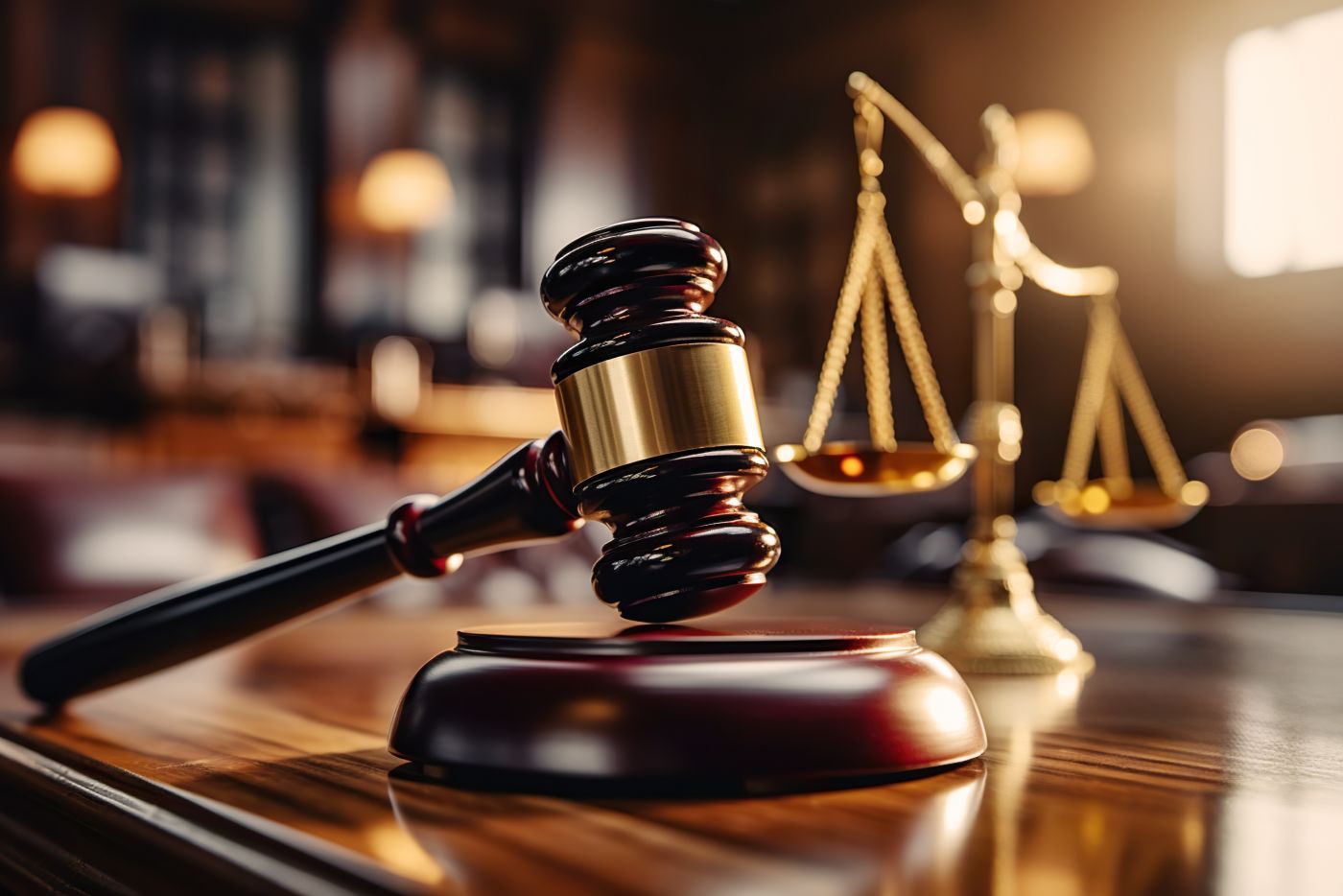 Gavel and scale of justice in courtroom