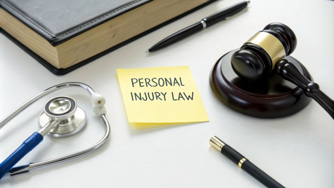 Stethoscope, Gavel and Word Personal Injury in sticky note